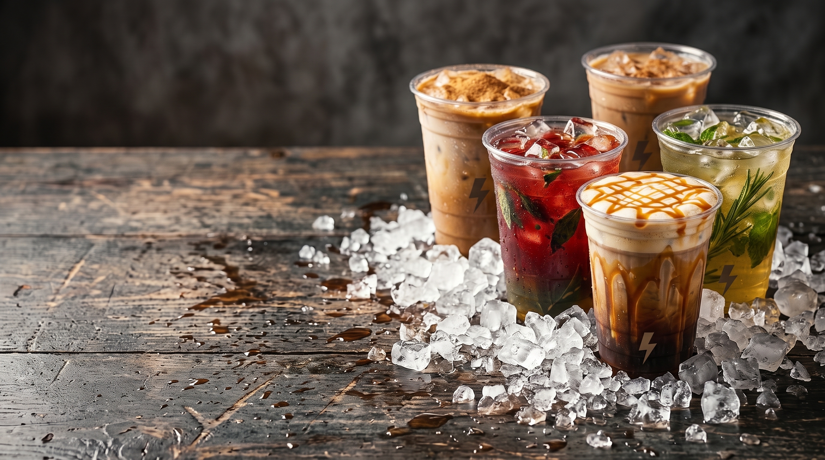 Double Shot Electric iced drink lineup on a gritty dark tabletop